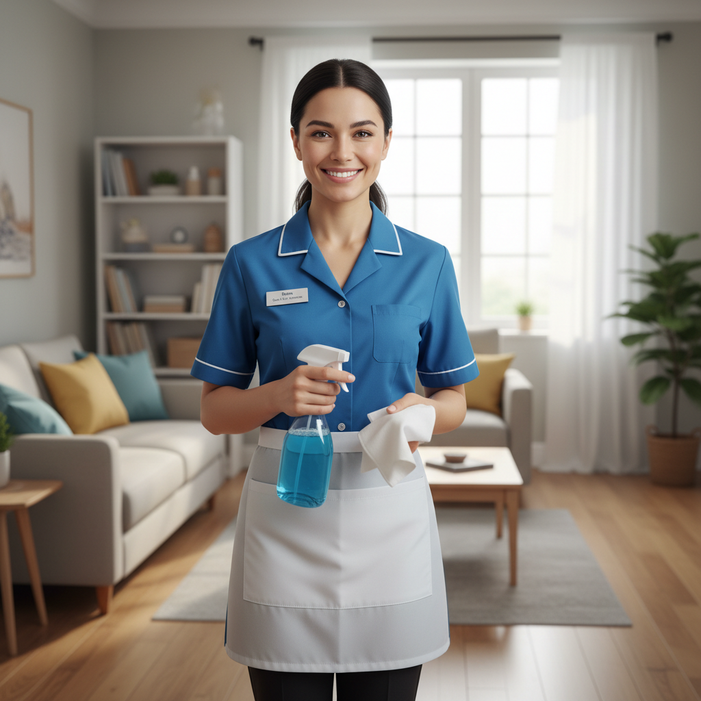 Cheerful professional cleaner with spray bottle