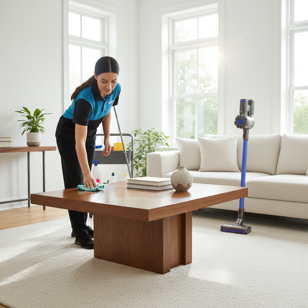 A professional house cleaner tidying a bright, modern living room — wiping surfaces, vacuum in background, clean and inviting atmosphere
